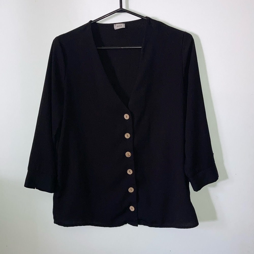 Pimkie black polyester linen button down top
